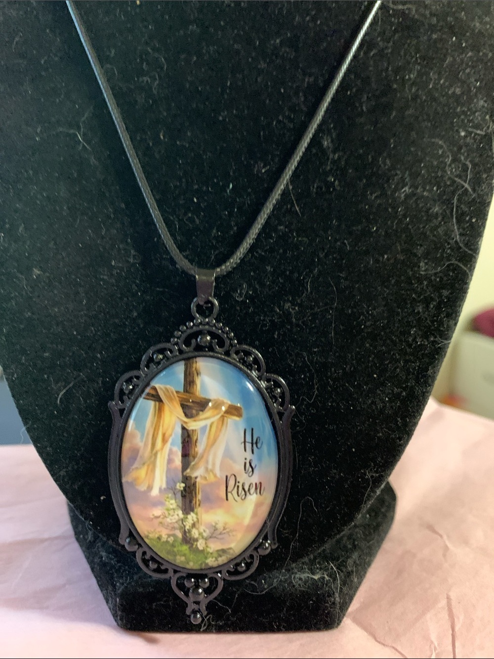Religious Cross Pendant Necklace - "He is Risen" - Picture 5 of 7